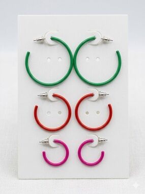 Set Of 3 Vintage Enamel Hoop Earrings | Green Pink Red Colorful Hoops